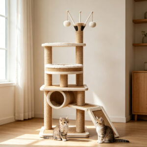 Two kittens playing and resting on SZHD-SP2001-02 cat tree in a modern home setting