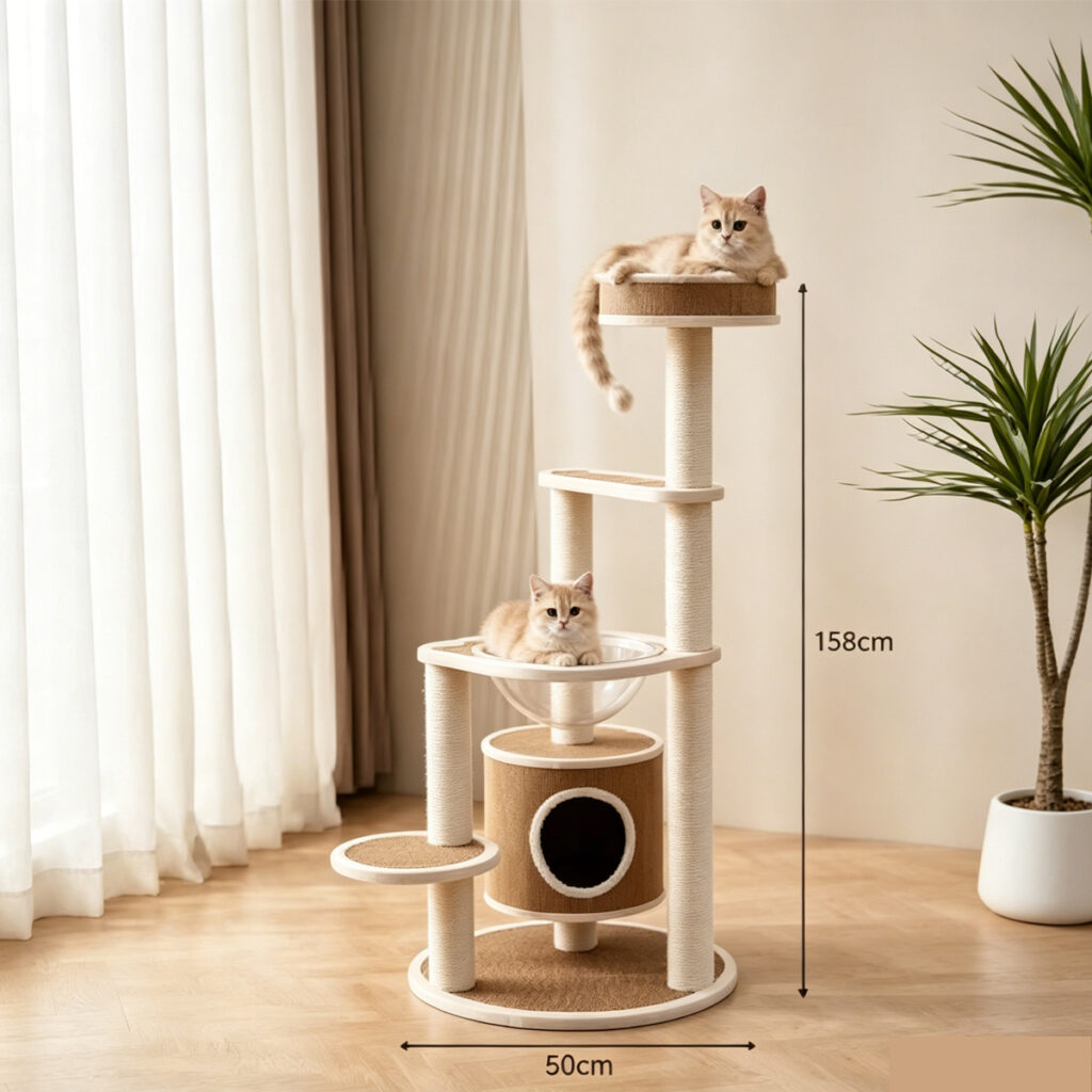 SZHD-SP2001-11 Multi-Level Cat Tree with 2 Cats Playing & Napping in a Cozy Living Room