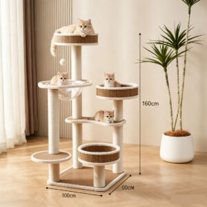 SZHD-SP2001-12 Multi-Level Cat Tree with Rattan Mat, 125cm Tall Cat Tower with Scratching Posts, Condo & Perches for Indoor Cats