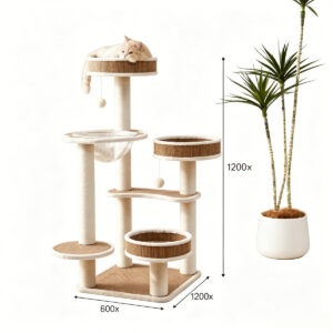 SZHD-SP2001-12 Multi-Level Cat Tree with Condo & Space Capsule, Beige & White Cat Tower with Sisal Scratching Posts, Breathable Woven Mat Cat Furniture for Indoor Cats