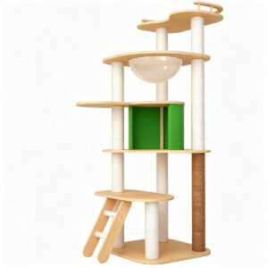 White background photo of SZHD-SP3001-02 multi-level wooden cat tree, featuring multiple platforms, transparent space capsule bed, enclosed green condo, sisal scratching posts, and wooden ladder.