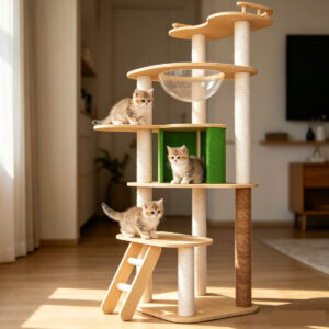 SZHD-SP3001-02 Multi-Level Wooden Cat Tree with Space Capsule, Ladder & Sisal Posts, Indoor Scene with 3 Cats Playing
