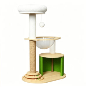 White background photo of SZHD-SP3001-01 furniture board cat tree, featuring plush top perch, transparent space capsule bed, enclosed green condo, sisal scratching post, and interactive toy ball.