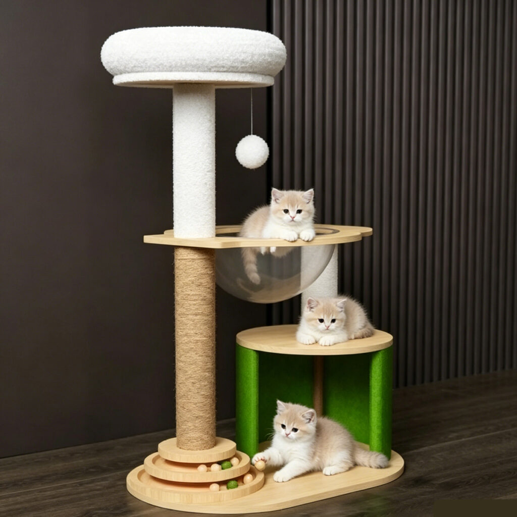 SZHD-SP3001-01 Furniture Board Cat Tree with Plush Perch, Transparent Space Capsule, Green Condo & Interactive Toy, Indoor Cat Activity Center with 3 Cats