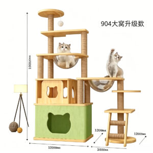 White background photo of SZHD-SP3001-03 multi-level furniture board cat tree, featuring large enclosed condo, transparent space capsule bed, multiple platforms, sisal scratching posts, and side ladder.