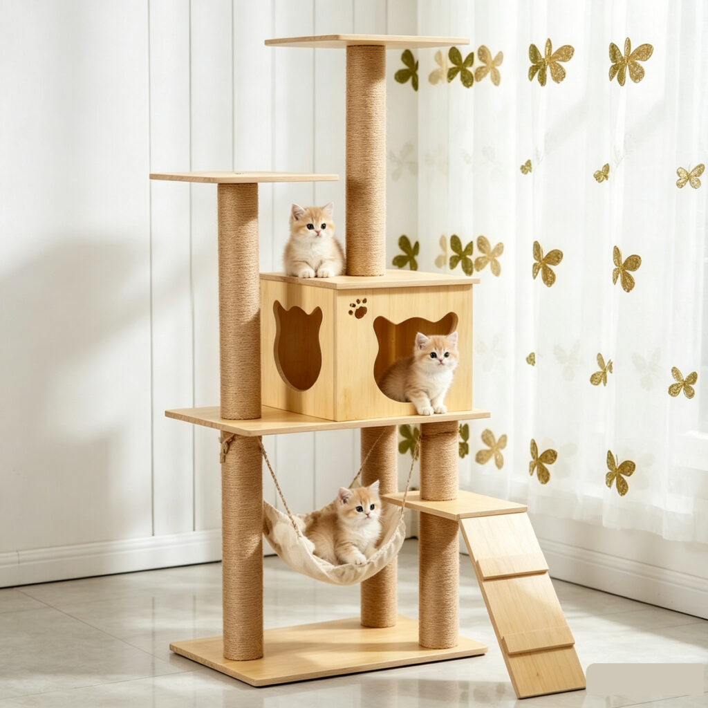 Wholesale Custom melamine multi-level Cat Tree, New China Design, cat face condo, fabric hammock, wooden ramp, full sisal posts, home lifestyle photo with three cream kittens