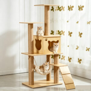 Multi-level melamine cat tree with condo, hammock & ladder, cats playing in home setting