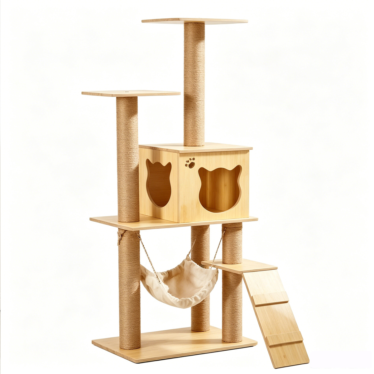Multi-level melamine cat tree with condo, hammock & wooden ladder