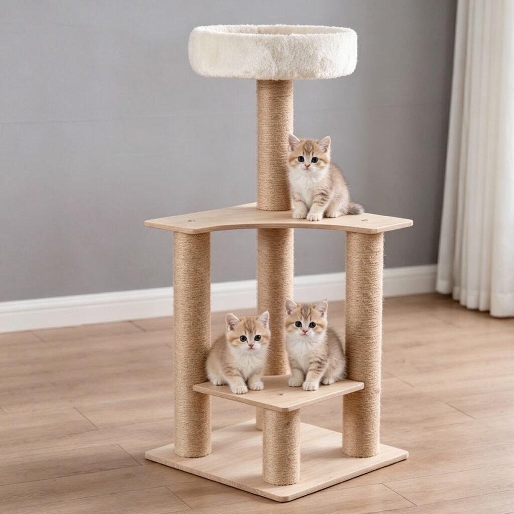 White background photo of SZHD-SP3001-05 compact furniture board cat tree, featuring top plush bed, multi-level platforms, and sisal scratching posts.