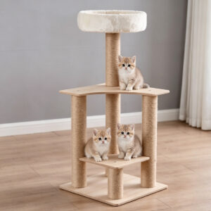 Compact melamine cat tree with top bed and sisal posts, cats playing in home setting