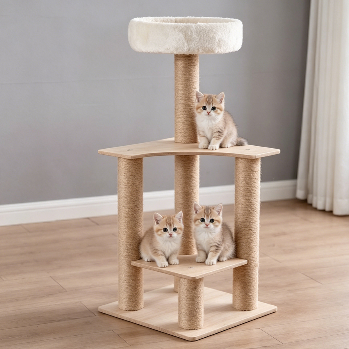 Wholesale Custom Compact Melamine Corner Cat Tree, New China Design Space Saving Mini Cat Tower, Multi Full Sisal Scratching Posts, Double Curved Platforms, Bright Minimalist Wood Floor Living Room Lifestyle Photo with Three Cream Tabby Kittens