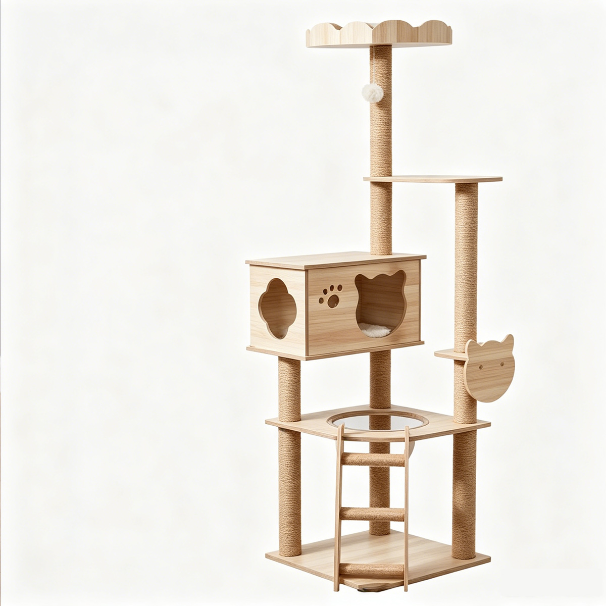 Multi-level melamine cat tree with condo, wooden ladder and sisal scratching posts