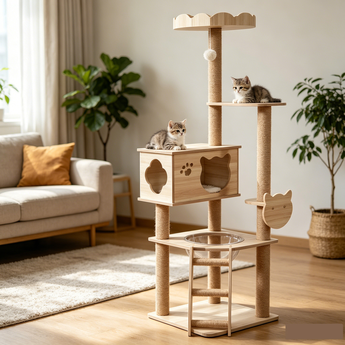 Wholesale Custom melamine multi-level Cat Tree, New China Design Pet Tower with cat-face & flower hollow-out condo, transparent capsule bed, sisal wrapped wooden ladder, full sisal scratching posts, cat head decorative side perch, warm bright living room lifestyle photo with two tabby kittens
