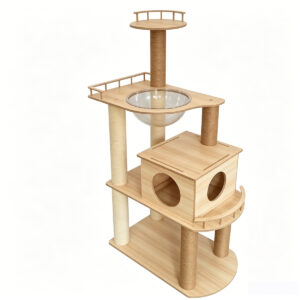 Multi-level melamine cat tree with condo, space capsule bed and top observation platform