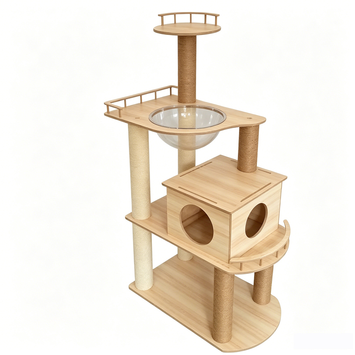 Multi-level melamine cat tree with condo, space capsule bed and top observation platform