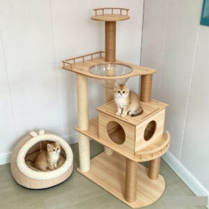 Multi-level melamine cat tree with condo, capsule bed and top platform, cats playing in home setting