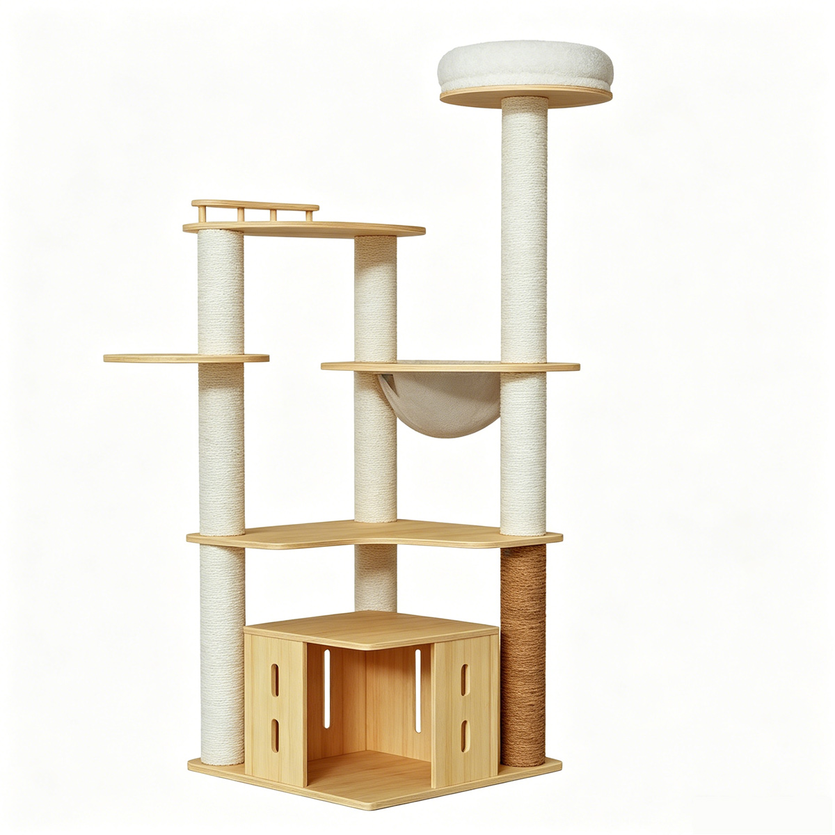 Multi-level melamine cat tree with condo, hammock and scratching posts, natural wood tone, for indoor cats