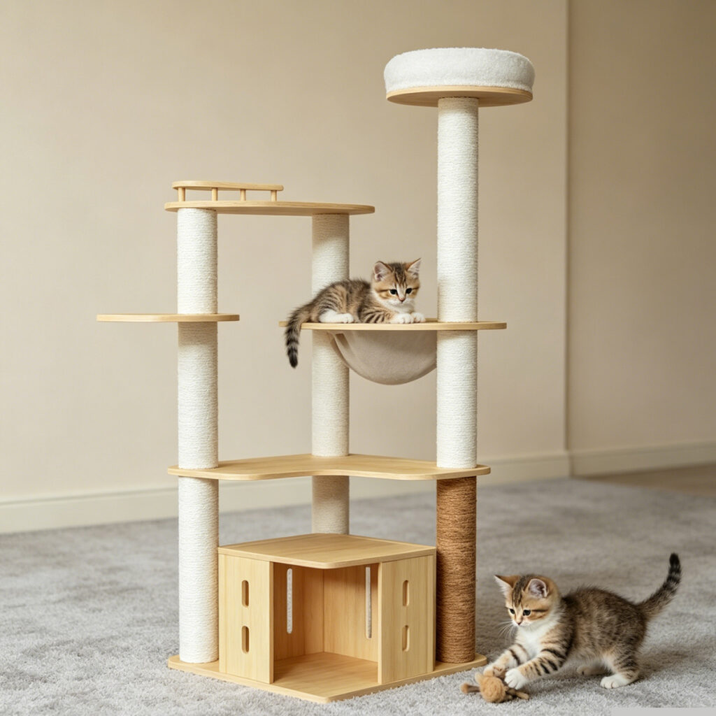 SZHD-SP3001-08 Multi-Level Furniture Board Cat Tree with Top Bed, Condo, and Space Capsule, Indoor Scene with 2 Cats Playing