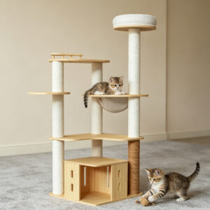 Multi-level melamine cat tree with condo, hammock & scratching posts, cats playing in home setting