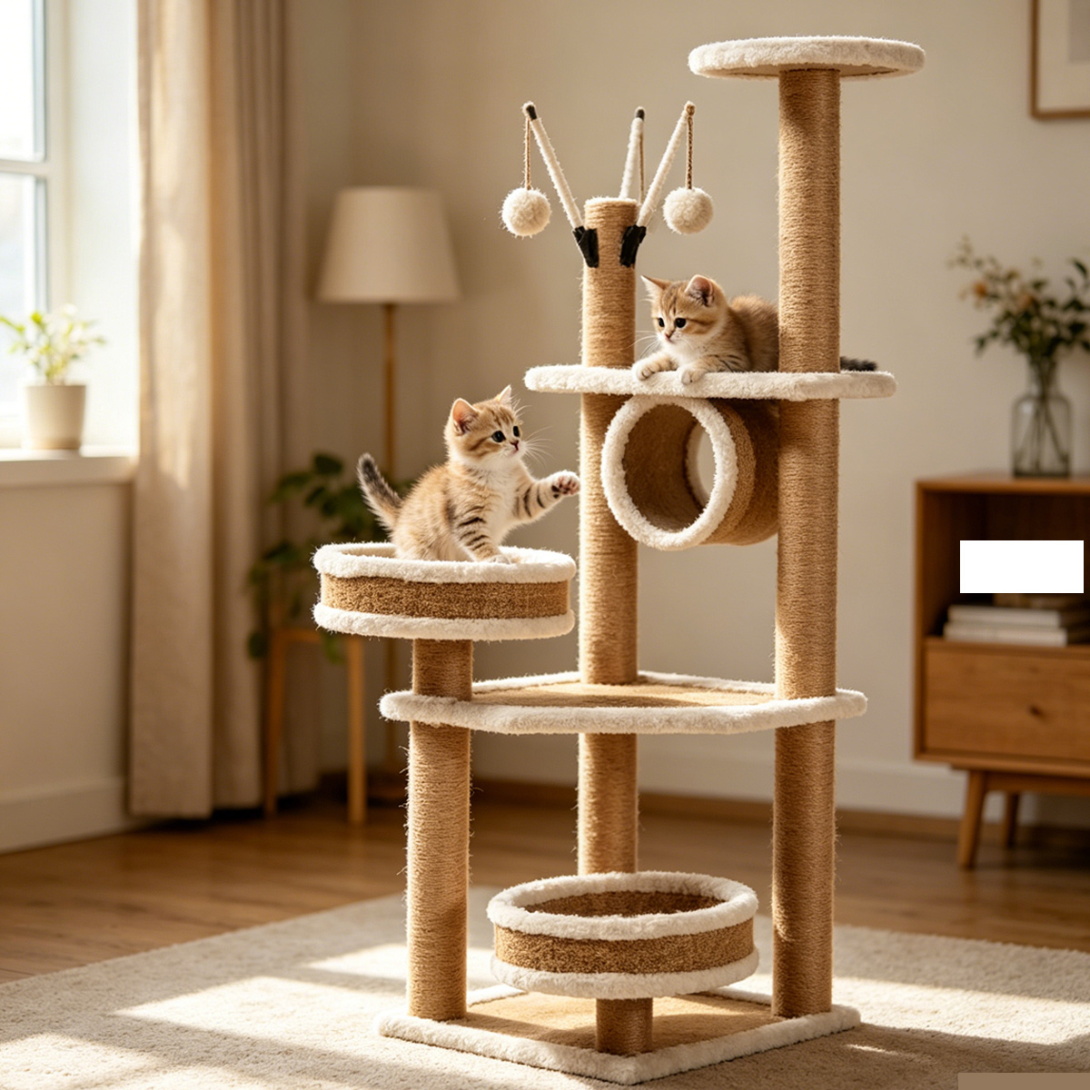 Wholesale Custom Multi-level Woven Cat Tree, New China Design, Full Sisal Posts, Round Play Tunnel, Dual Woven Round Beds, Fluff Edged Platforms, Bright Modern Living Room Lifestyle Photo with Two Kittens