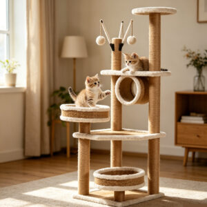 Two kittens playing and resting on SZHD-SP2001-03 cat tree in a modern home