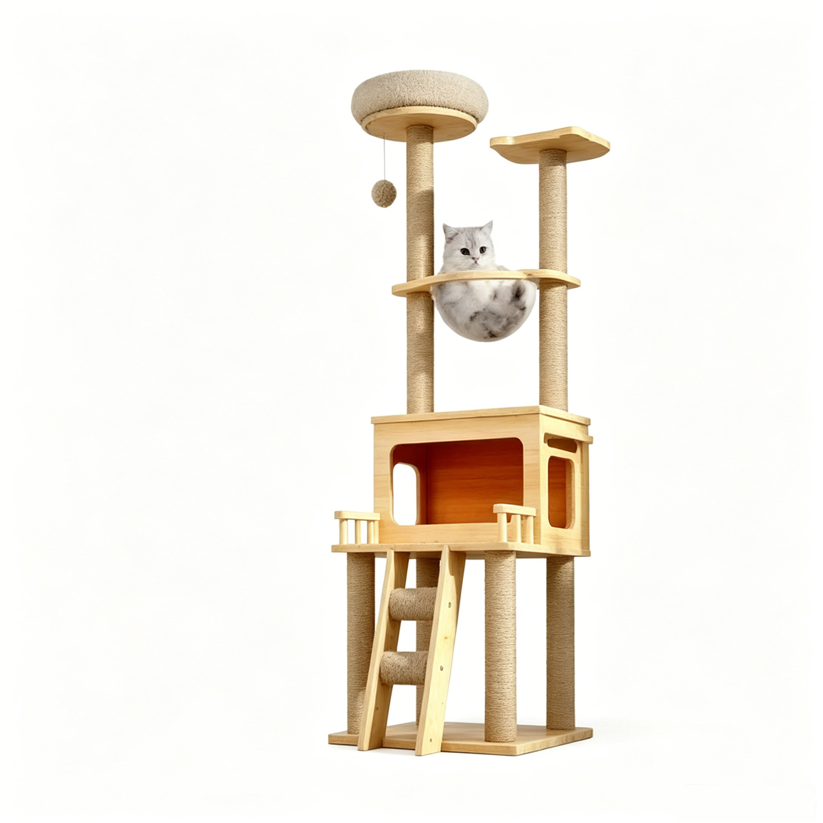 Multi-level cat tree with ladder, made of melamine faced density board, featuring plush bed, enclosed condo and space capsule bed for small to medium cats
