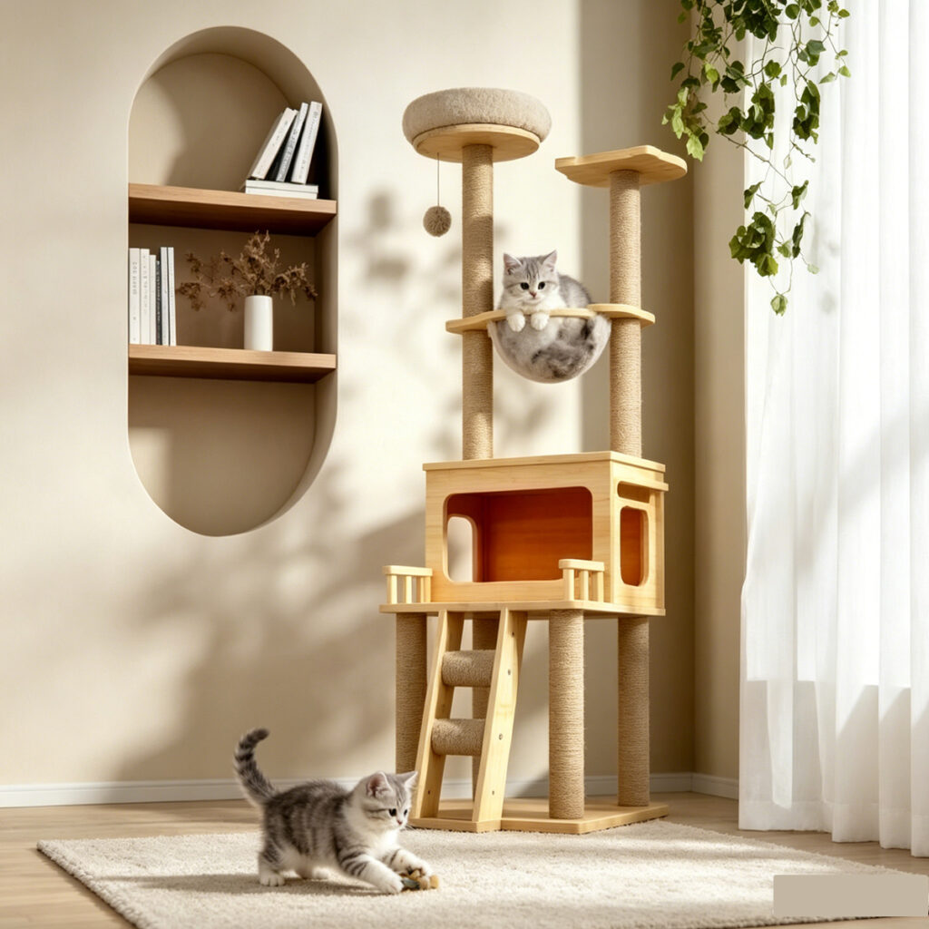 SZHD-SP3001-09 Multi-Level Furniture Board Cat Tree with Ladder, Top Bed, and Condo, Indoor Scene with 2 Cats Playing