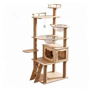 SZHD-SP3001-10 multi-level veneer cat tree with dual space capsules, made of faced density board, cat condo and wooden ladder
