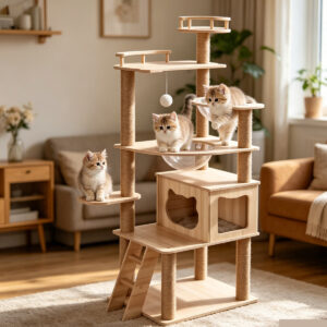 SZHD-SP3001-10 Multi-Level Furniture Board Cat Tree with Dual Space Capsules, Condo, and Ladder, Indoor Scene with 3 Cats Playing