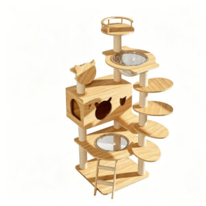 SZHD-SP3001-11 multi-level cat tree with spiral ladder, made of faced density board, featuring space capsules and sisal scratching posts