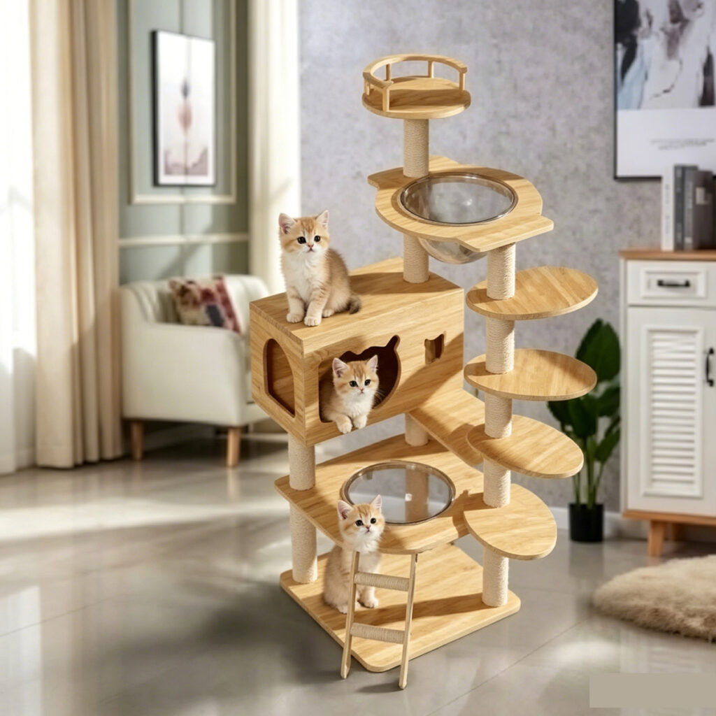 SZHD-SP3001-11 Multi-Level Furniture Board Cat Tree with Spiral Ladder, Dual Space Capsules, and Condo, Indoor Scene with 3 Cats Playing