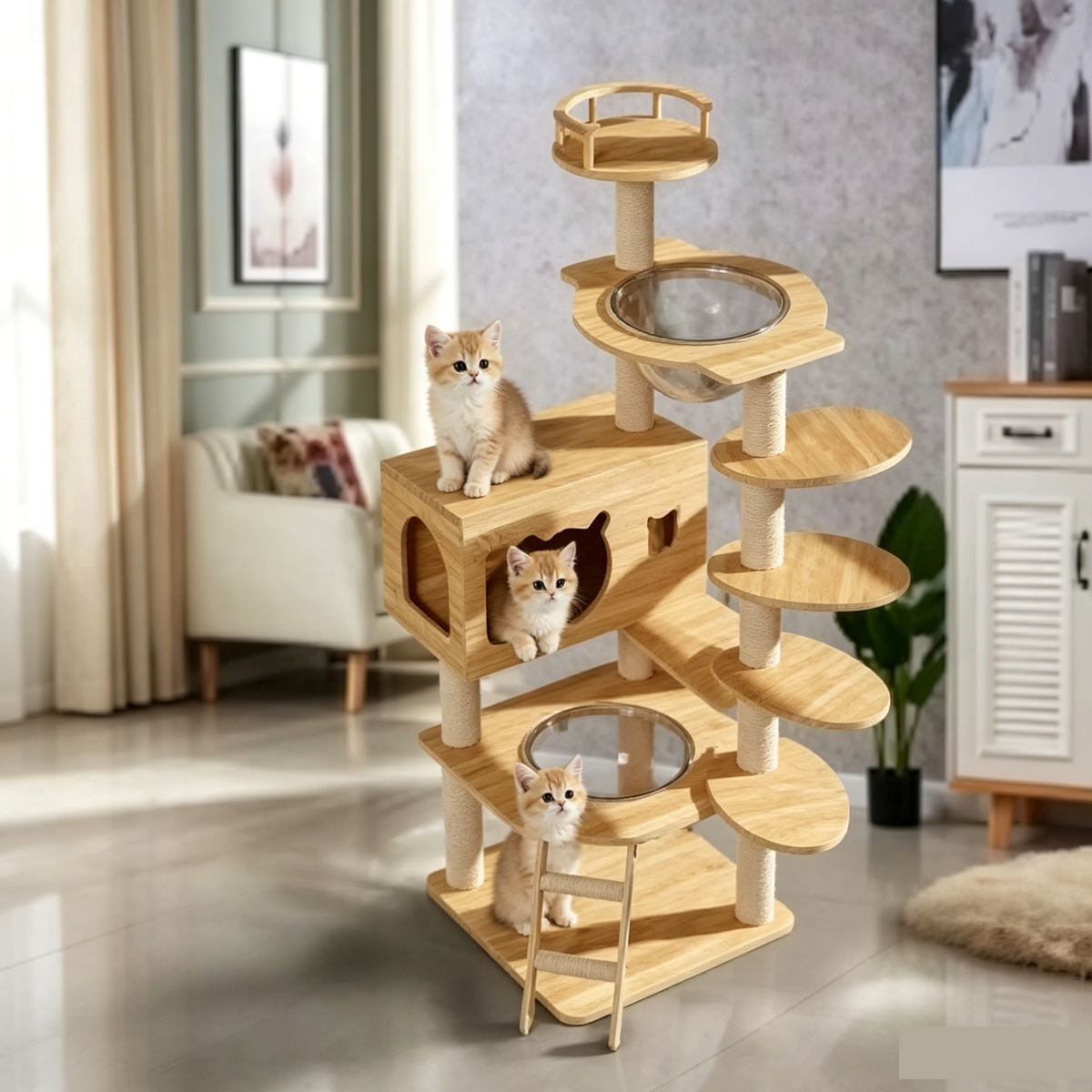 Three lovely orange tabby kittens explore and rest on SZHD-SP3001-11 large multi-level cat tower with spiral sisal ladder, cat-face enclosed house and double transparent bubble beds, bright minimalist indoor living scene, wholesale pet furniture lifestyle shot