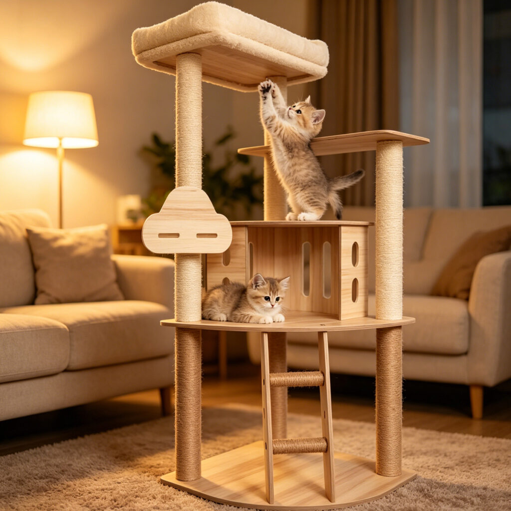 SZHD-SP3001-12 Multi-Level Corner Furniture Board Cat Tree with House Condo, Top Plush Bed, and Ladder, Indoor Scene with 2 Cats Playing