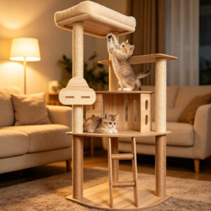 Lifestyle shot of SZHD-SP3001-12 Multi-Level Corner Cat Tree with cats playing and resting