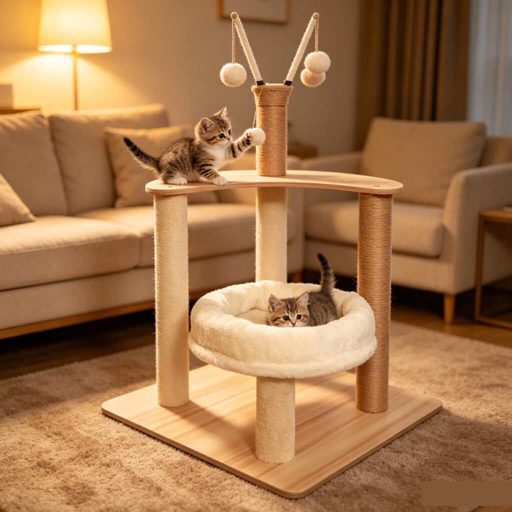 SZHD-SP3001-13 Compact Moon-Shape Furniture Board Cat Tree with Plush Bed and Toy Balls, Indoor Scene with 2 Cats Playing