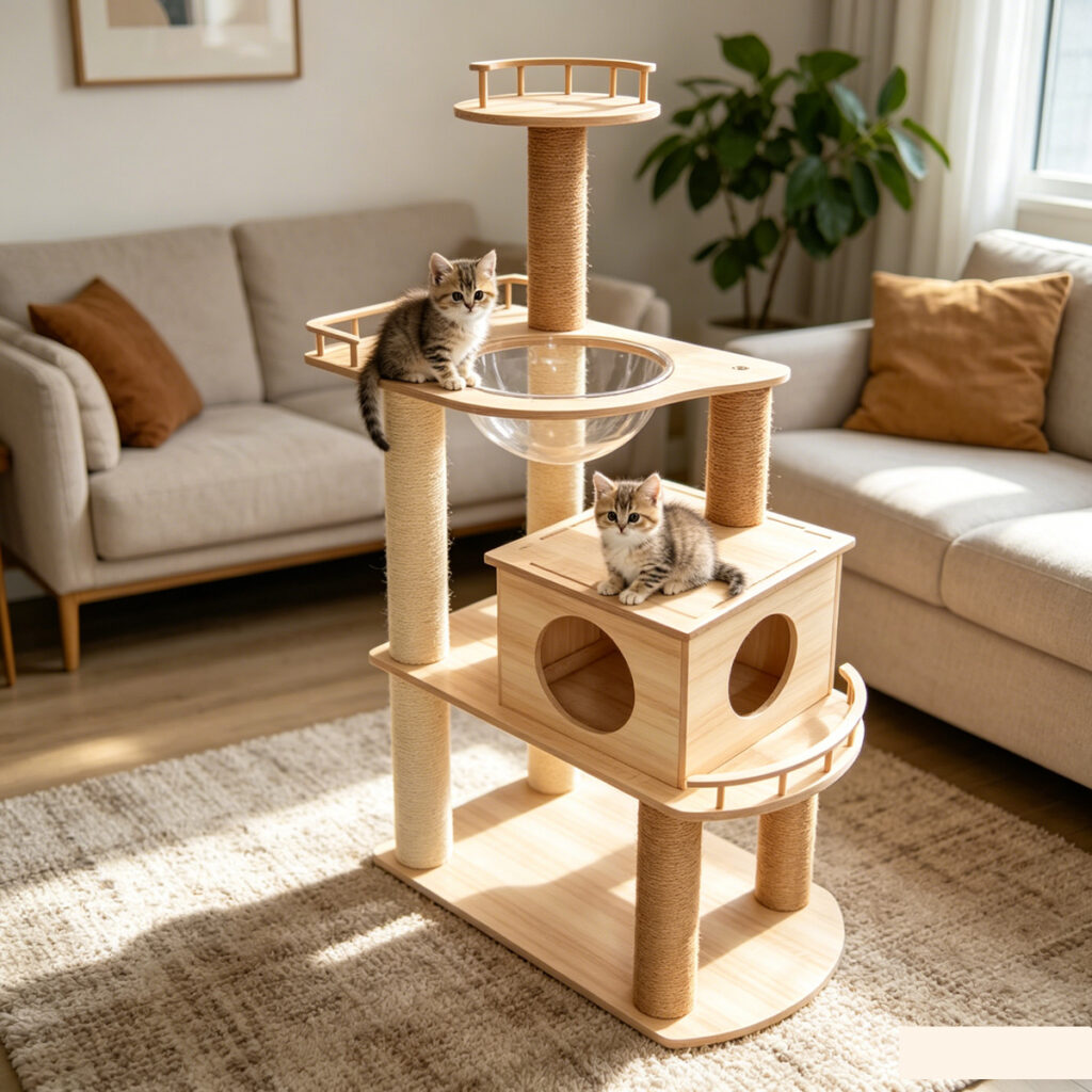 SZHD-SP3001-14 Multi-Level Furniture Board Cat Tree with Space Capsule and Enclosed House, Indoor Scene with 2 Cats Playing