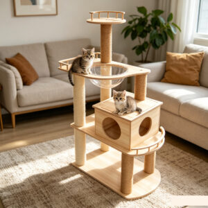 Lifestyle shot of SZHD-SP3001-14 Multi-Level Cat Tree with cats resting on capsule bed and enclosed house