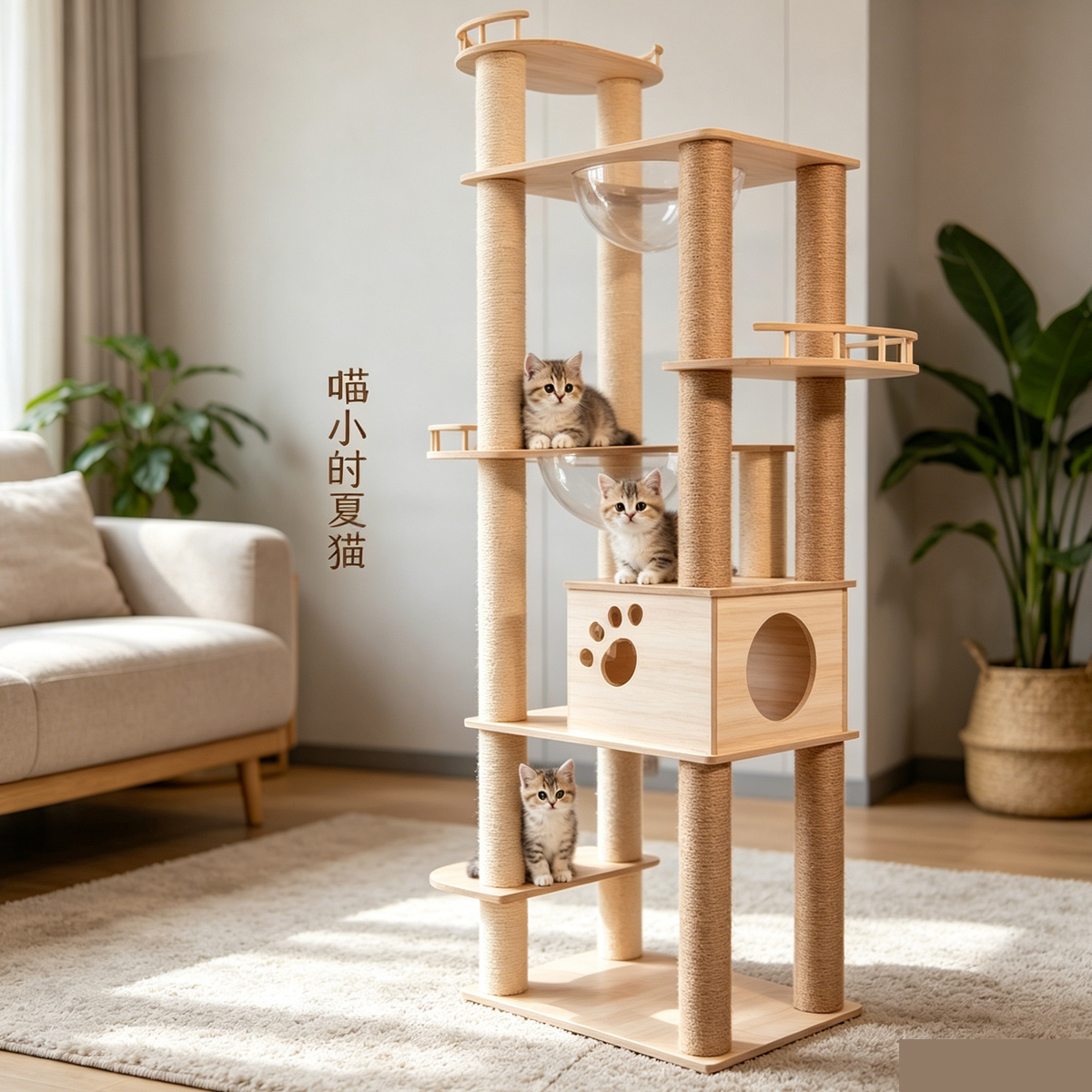 Wholesale Custom multi-level laminated veneer cat tree, New China Design Pet Supplies, sisal scratch posts, paw print cat house, guardrail viewing platforms, cozy home lifestyle photo with three tabby kittens