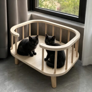 SZHD-SP4001-02 Solid Wood Rail Cat Bed with Two Cats, 1200x1200px, Window Perch for Indoor Cats