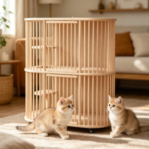 SZHD-SP4001-02 Double-Level Solid Wood Cat Cage with Two Cats, Indoor Lifestyle Photo