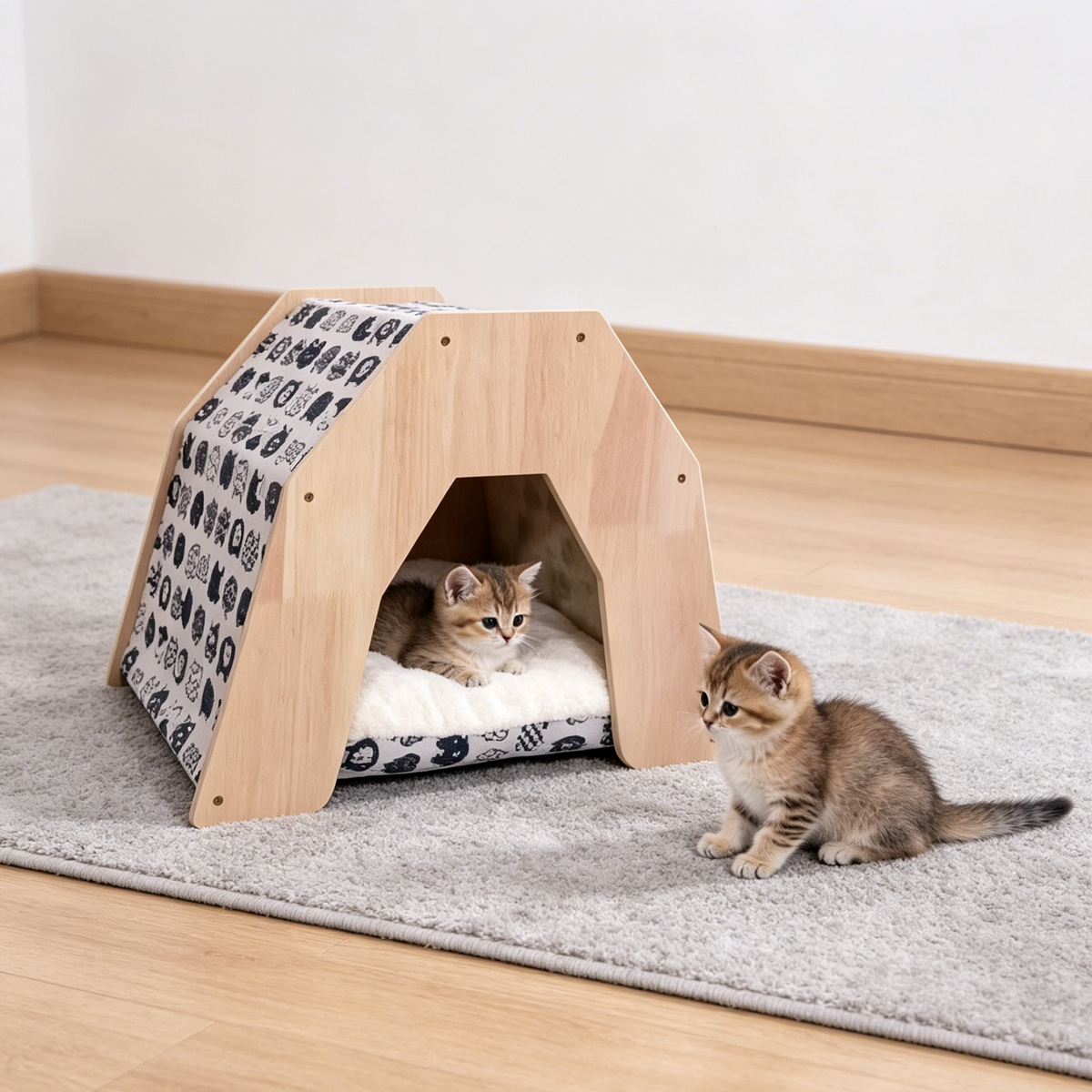 Wholesale Custom triangle solid wood cat house, New China Design Pet Supplies, cat print fabric slope cover, soft plush inner cushion, polygonal arched entrance, white background studio product photo