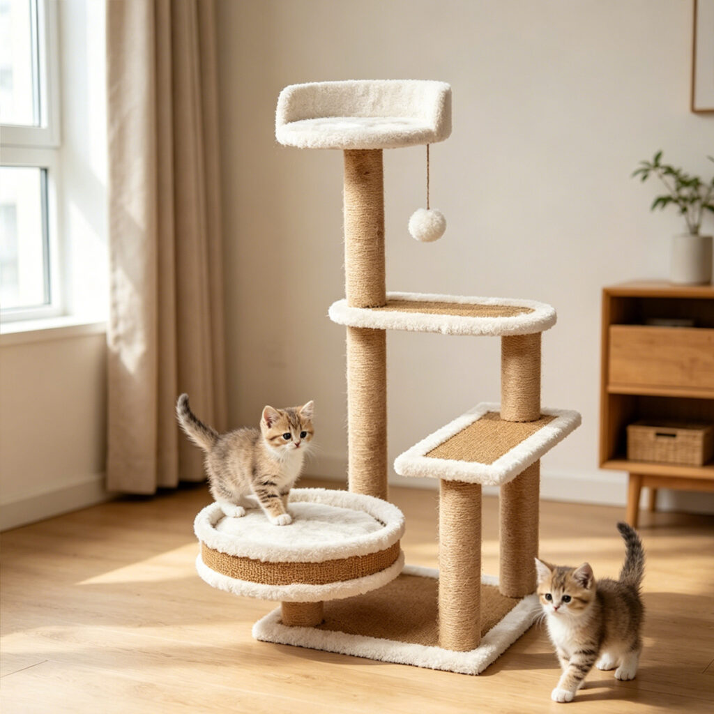 Multi-level woven mat cat tree with two cats playing - SZHD-SP2001-04 indoor lifestyle photo