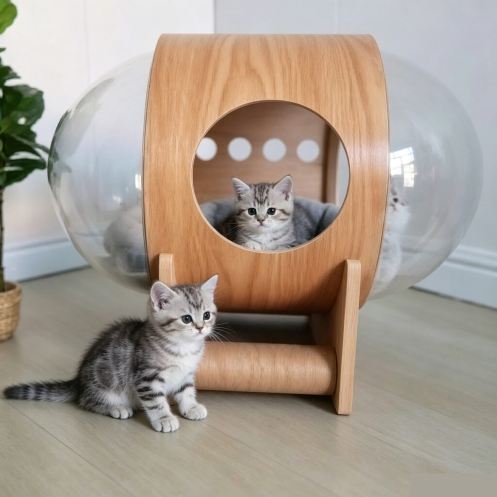 Wholesale Custom veneer density board capsule cat bed, New China Design Pet Supplies, double transparent dome, built-in sisal roller, home lifestyle photo with two tabby kittens