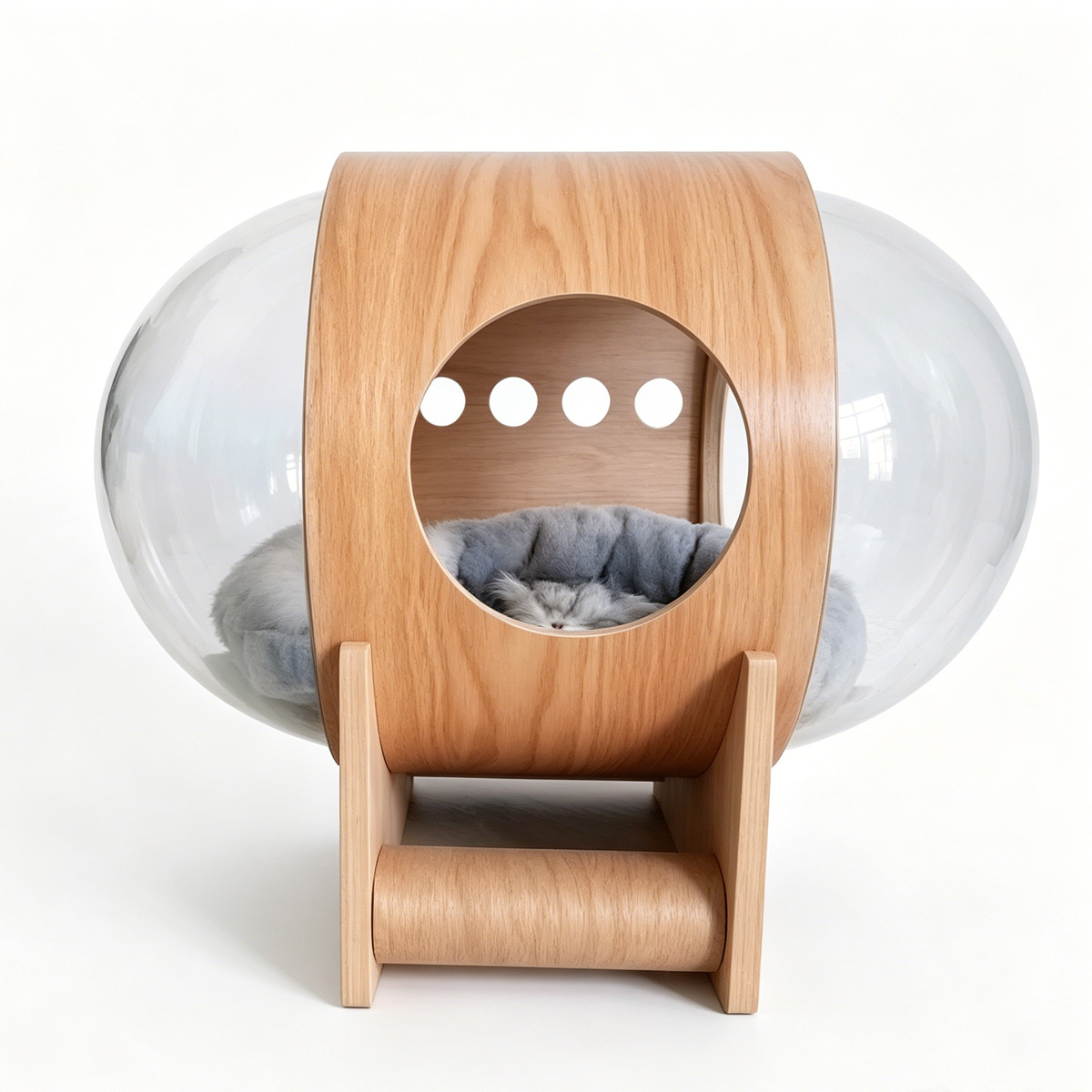 SZHD-SP4001-06 Laminated Veneer Density Board Capsule Cat Bed with Dual Transparent Domes