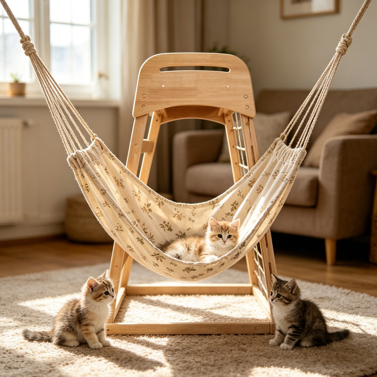 Wholesale Custom solid wood cat activity gym, New China Design Pet Supplies, printed fabric hammock, rope climbing ladder, triangular frame with handle top, white background studio product photo