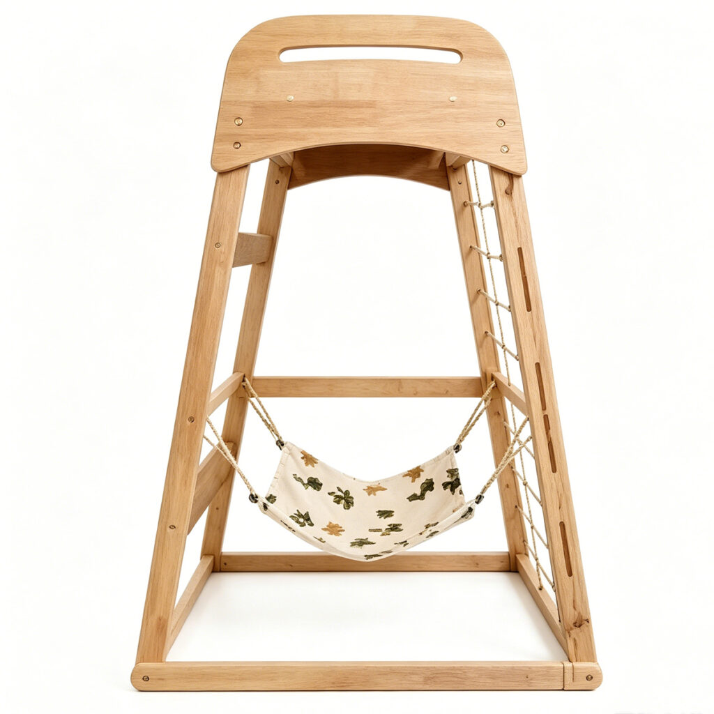 Wholesale Custom solid wood cat activity gym, New China Design Pet Supplies, printed fabric hammock, rope climbing ladder, triangular frame with handle top, white background studio product photo
