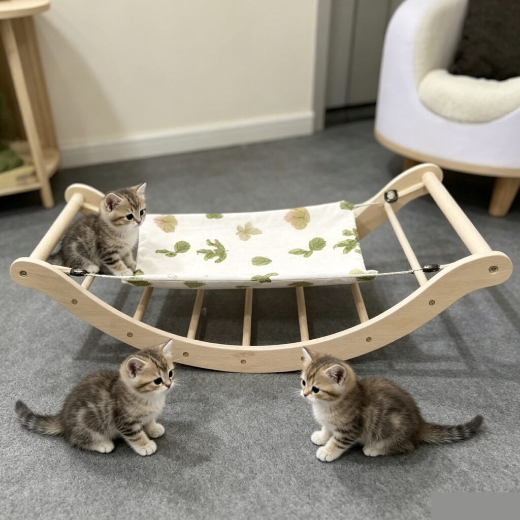 Wholesale Custom solid wood cat rocking bed, New China Design Pet Supplies, removable washable floral fabric mat, curved swing frame, white background studio product photo