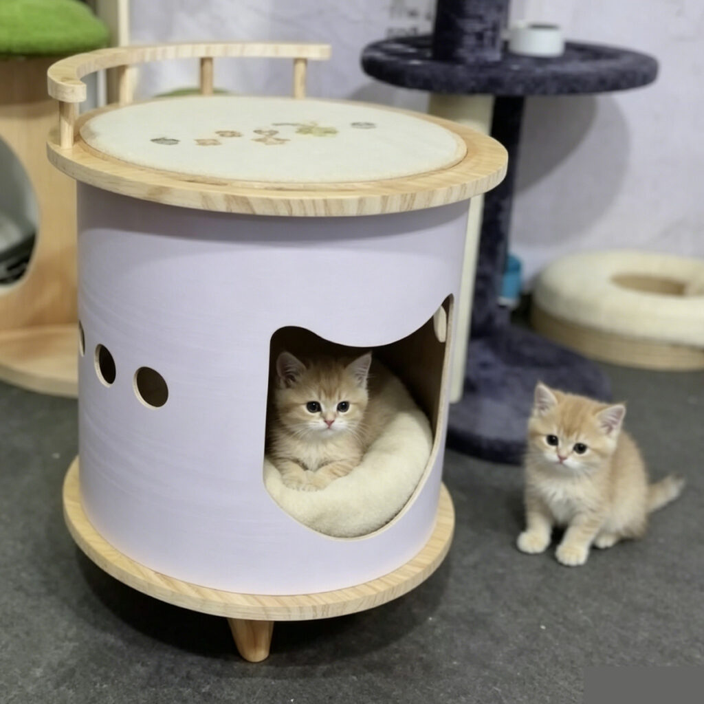 Wholesale Custom multifunctional cat bed nightstand, New China Design Pet Supplies, round tabletop with soft mat, cat ear hollow entrance, breathable round holes, white background studio product photo with resting white cat
