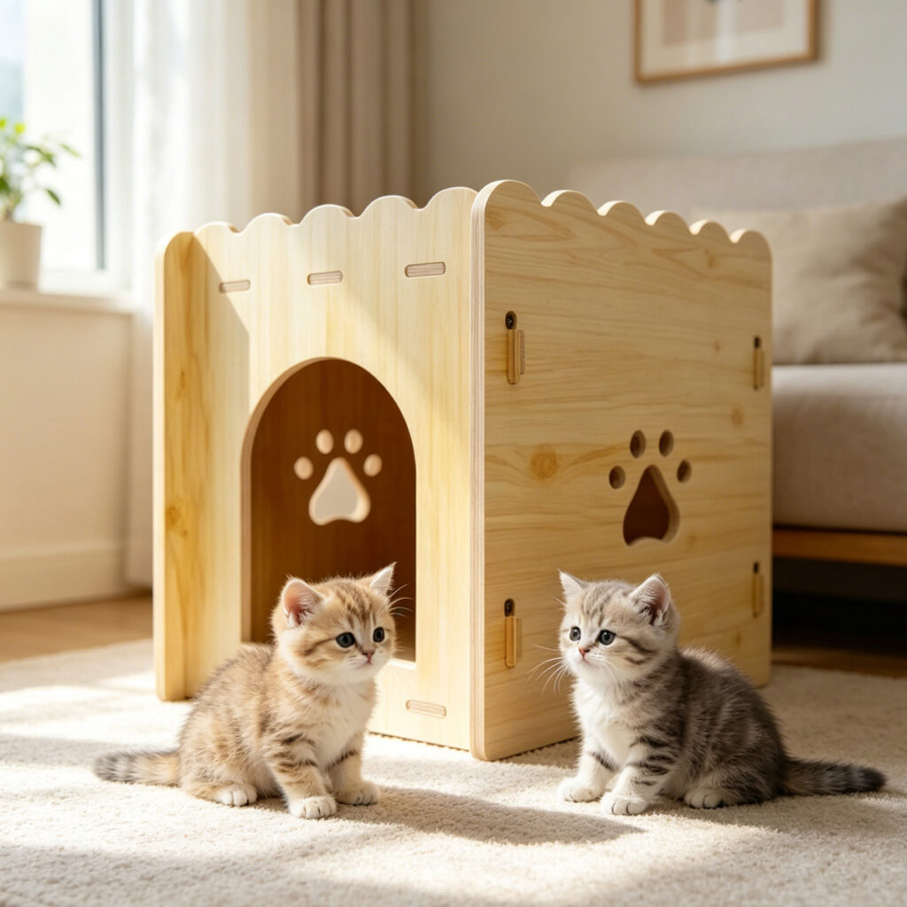 Wholesale Custom solid wood square cat house, New China Design Pet Supplies, scalloped top edge, paw print hollow cutouts, arched entry door, white background studio product photo