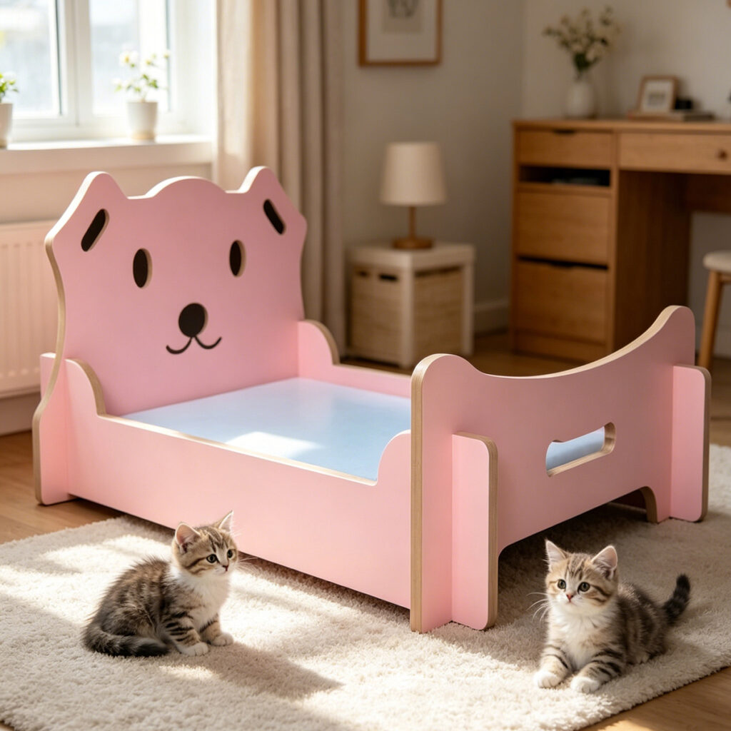Wholesale Custom pink bear shaped wooden pet bed, New China Design Pet Supplies, hollow side guardrail, cartoon bear head headboard, white background studio product photo